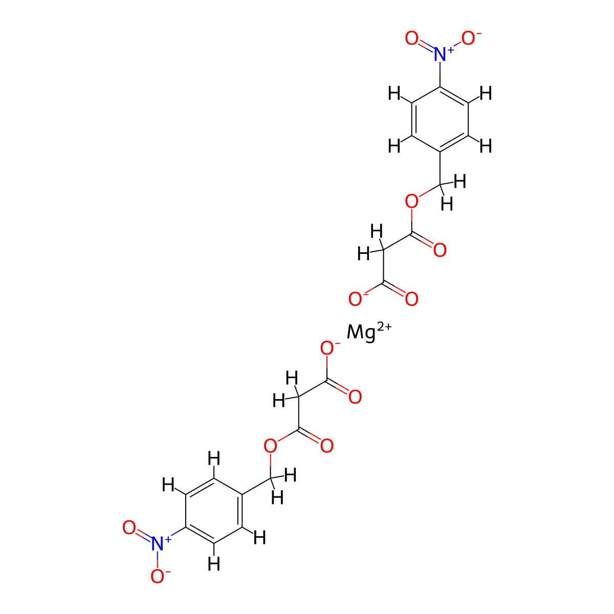 (T-4)-Bis(mono((4-nitrophenyl)methyl) propanedioato-kappaO3,kappaO'1)magnesium molecular structure, CAS 105995-50-4