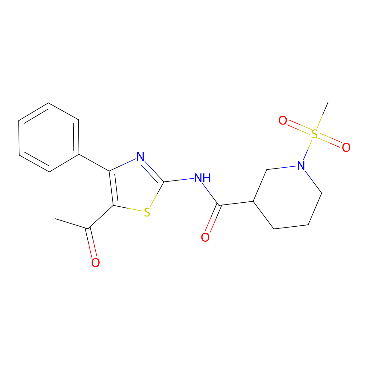 N-(5-acetyl-4-phenylthiazol-2-yl)-1-(methylsulfonyl)piperidine-3-carboxamide molecular structure, CAS 1060165-07-2