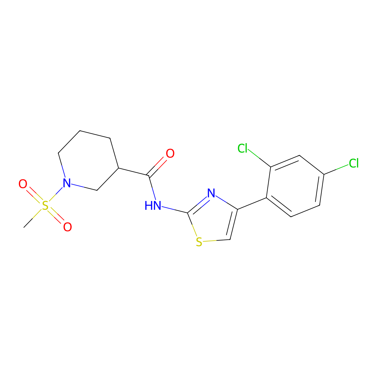 N-(4-(2,4-dichlorophenyl)thiazol-2-yl)-1-(methylsulfonyl)piperidine-3-carboxamide molecular structure, CAS 1060166-59-7