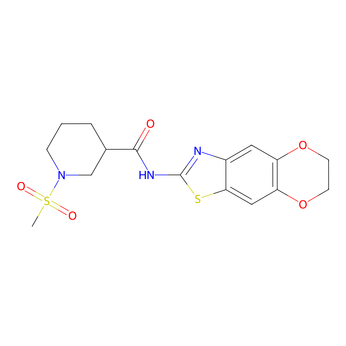 N-{10,13-dioxa-4-thia-6-azatricyclo[7.4.0.0^{3,7}]trideca-1,3(7),5,8-tetraen-5-yl}-1-methanesulfonylpiperidine-3-carboxamide molecular structure, CAS 1060167-87-4