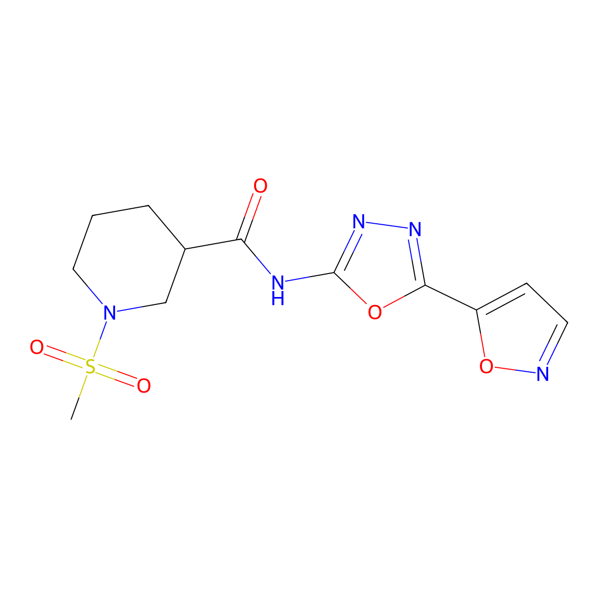 N-(5-(isoxazol-5-yl)-1,3,4-oxadiazol-2-yl)-1-(methylsulfonyl)piperidine-3-carboxamide molecular structure, CAS 1060169-23-4