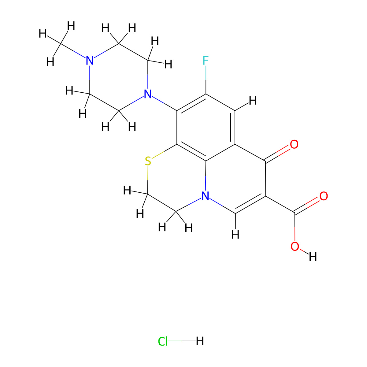 7H-Pyrido(1,2,3-de)-1,4-benzothiazine-6-carboxylic acid, 9-fluoro-2,3-dihydro-10-(4-methyl-1-piperazinyl)-7-oxo-, hydrochloride (1:1) molecular structure, CAS 106017-08-7