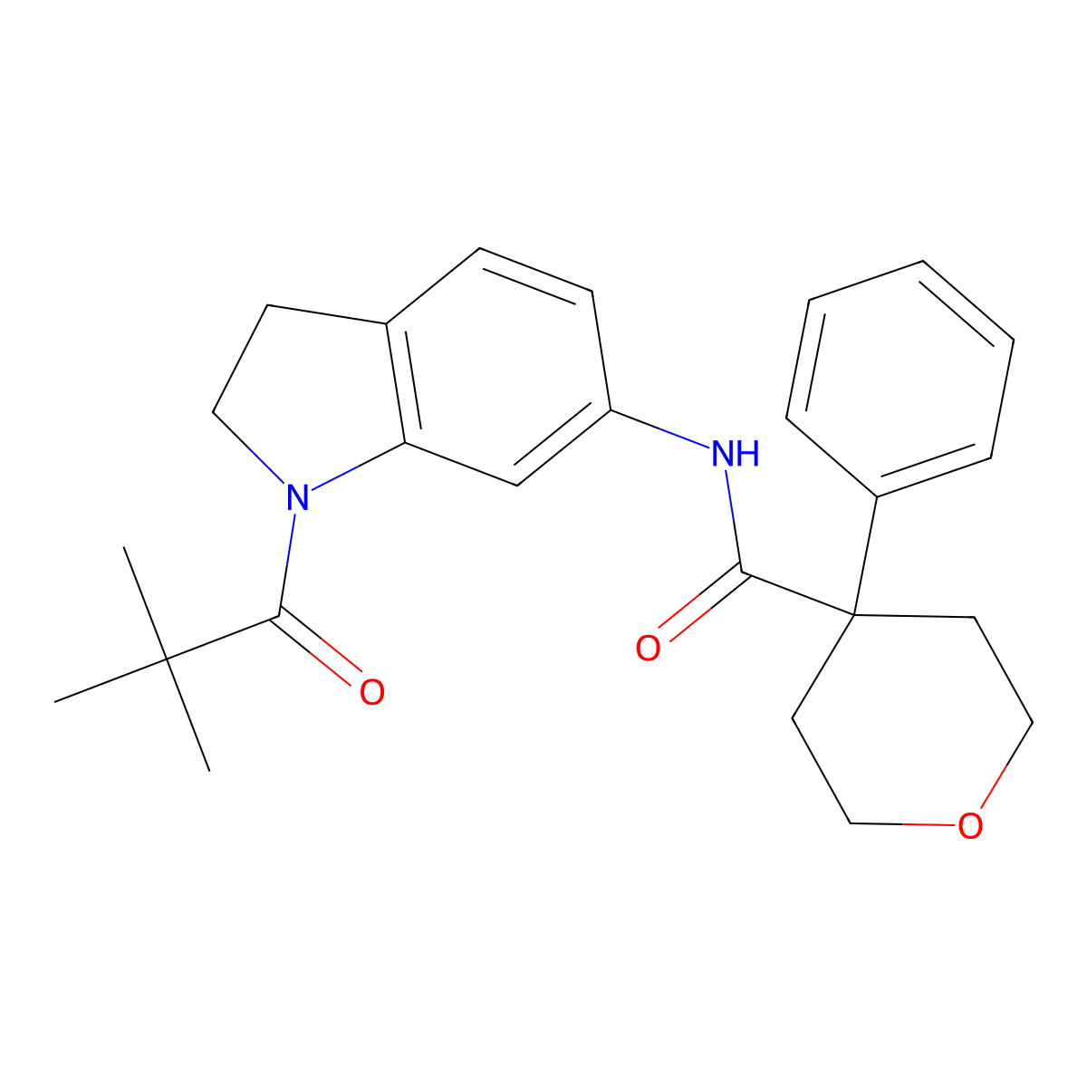 4-phenyl-N-(1-pivaloylindolin-6-yl)tetrahydro-2H-pyran-4-carboxamide molecular structure, CAS 1060180-66-6
