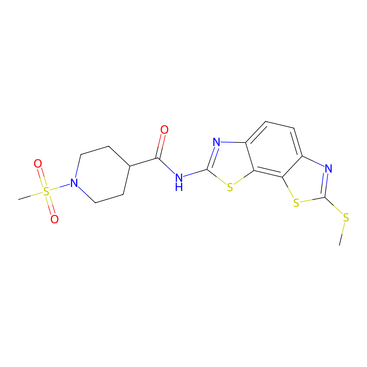 1-methanesulfonyl-N-[11-(methylsulfanyl)-3,12-dithia-5,10-diazatricyclo[7.3.0.0^{2,6}]dodeca-1(9),2(6),4,7,10-pentaen-4-yl]piperidine-4-carboxamide molecular structure, CAS 1060185-83-2