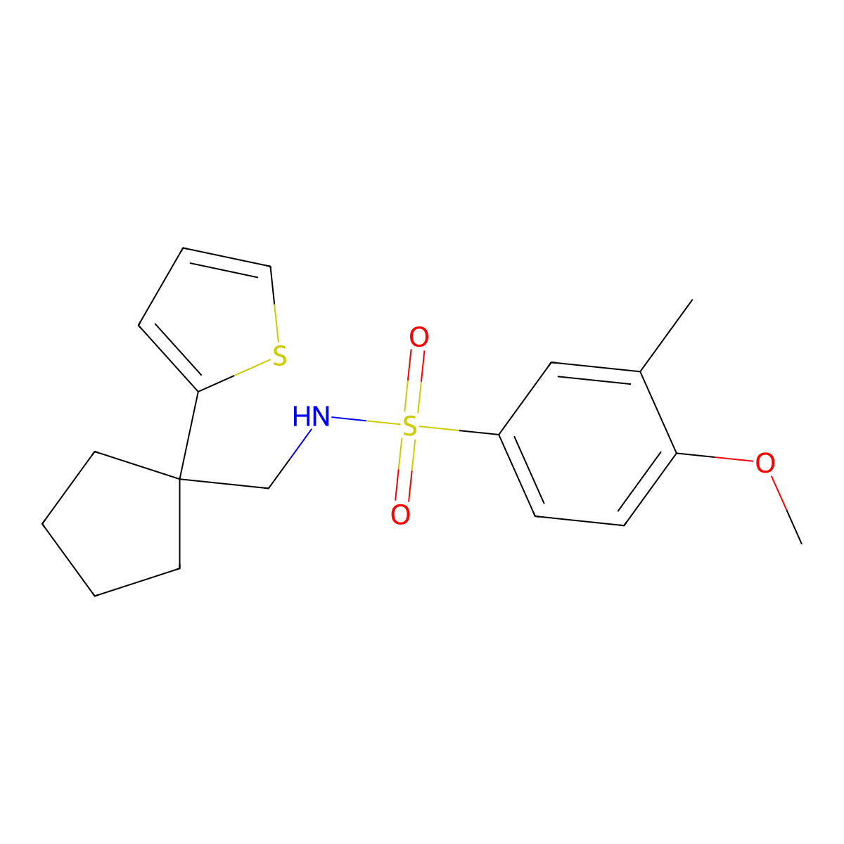 4-methoxy-3-methyl-N-((1-(thiophen-2-yl)cyclopentyl)methyl)benzenesulfonamide molecular structure, CAS 1060194-71-9