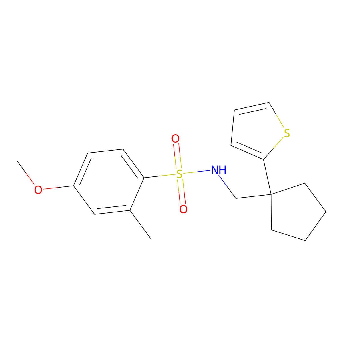 4-methoxy-2-methyl-N-((1-(thiophen-2-yl)cyclopentyl)methyl)benzenesulfonamide molecular structure, CAS 1060195-37-0