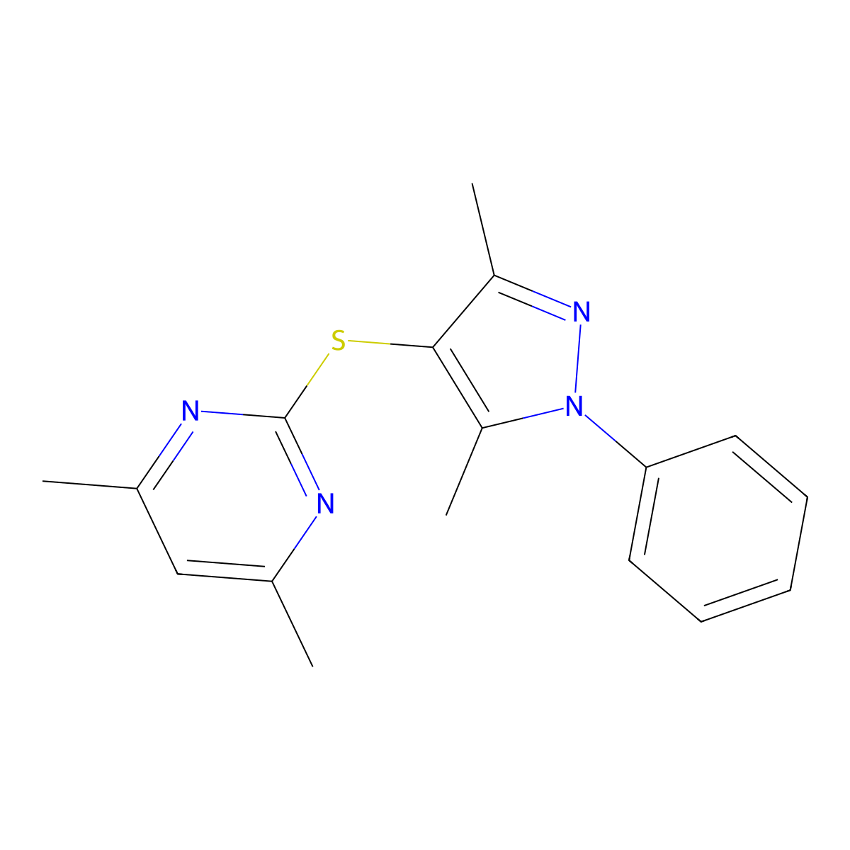 2-(3,5-Dimethyl-1-phenyl-1H-pyrazol-4-ylsulfanyl)-4,6-dimethyl-pyrimidine molecular structure, CAS 106020-02-4