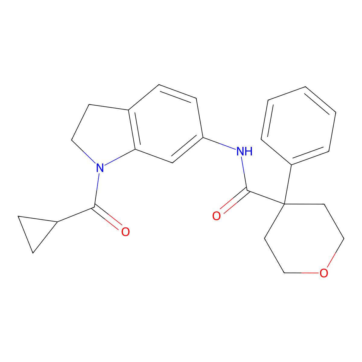 N-(1-(cyclopropanecarbonyl)indolin-6-yl)-4-phenyltetrahydro-2H-pyran-4-carboxamide molecular structure, CAS 1060203-48-6