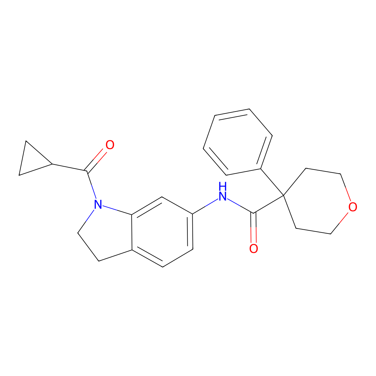 N-(1-(cyclopropanecarbonyl)indolin-6-yl)-4-phenyltetrahydro-2H-pyran-4-carboxamide molecular structure, CAS 1060203-48-6