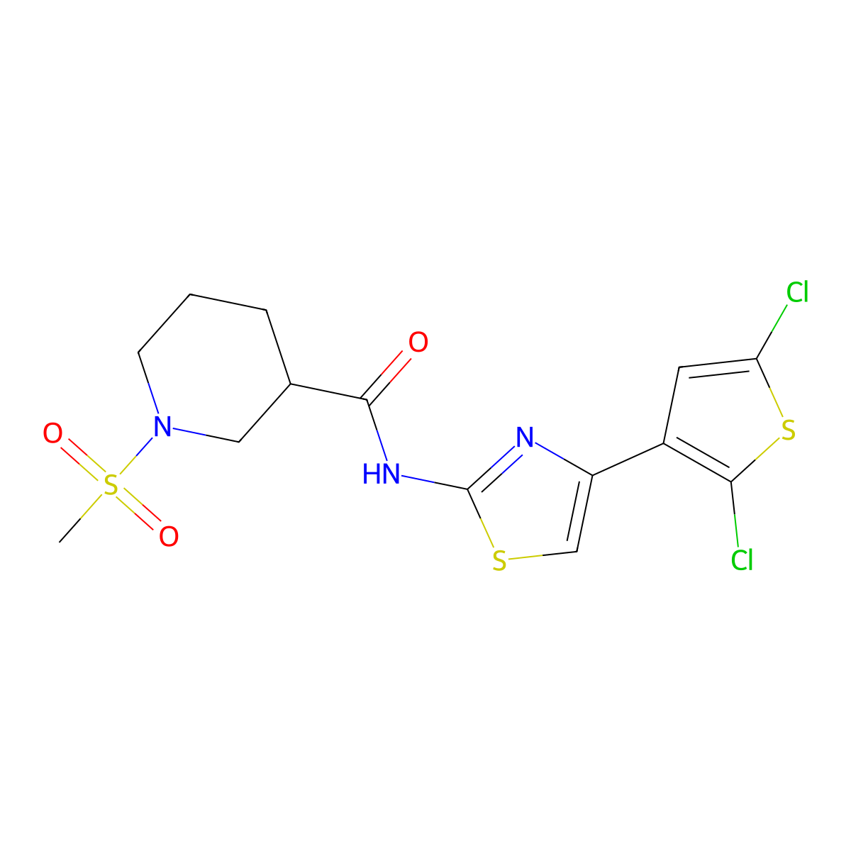 N-(4-(2,5-dichlorothiophen-3-yl)thiazol-2-yl)-1-(methylsulfonyl)piperidine-3-carboxamide molecular structure, CAS 1060211-62-2