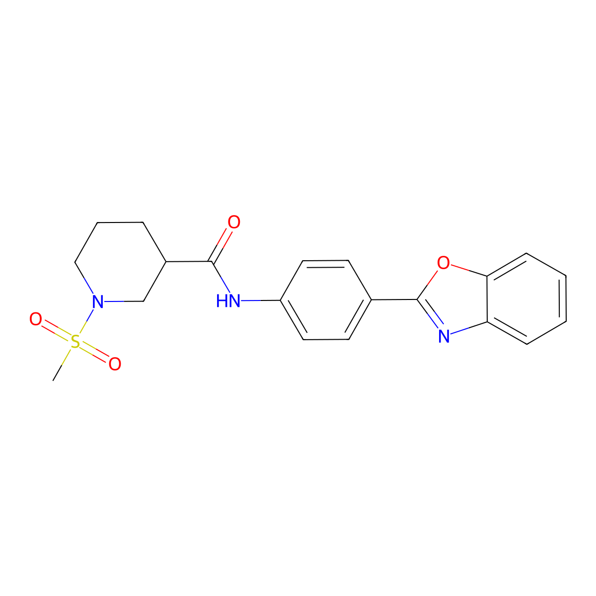 N-(4-(benzo[d]oxazol-2-yl)phenyl)-1-(methylsulfonyl)piperidine-3-carboxamide molecular structure, CAS 1060212-58-9