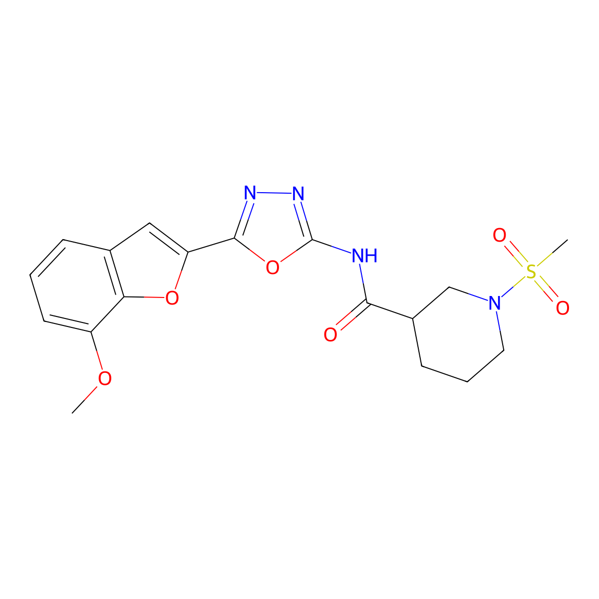 N-(5-(7-methoxybenzofuran-2-yl)-1,3,4-oxadiazol-2-yl)-1-(methylsulfonyl)piperidine-3-carboxamide molecular structure, CAS 1060215-27-1