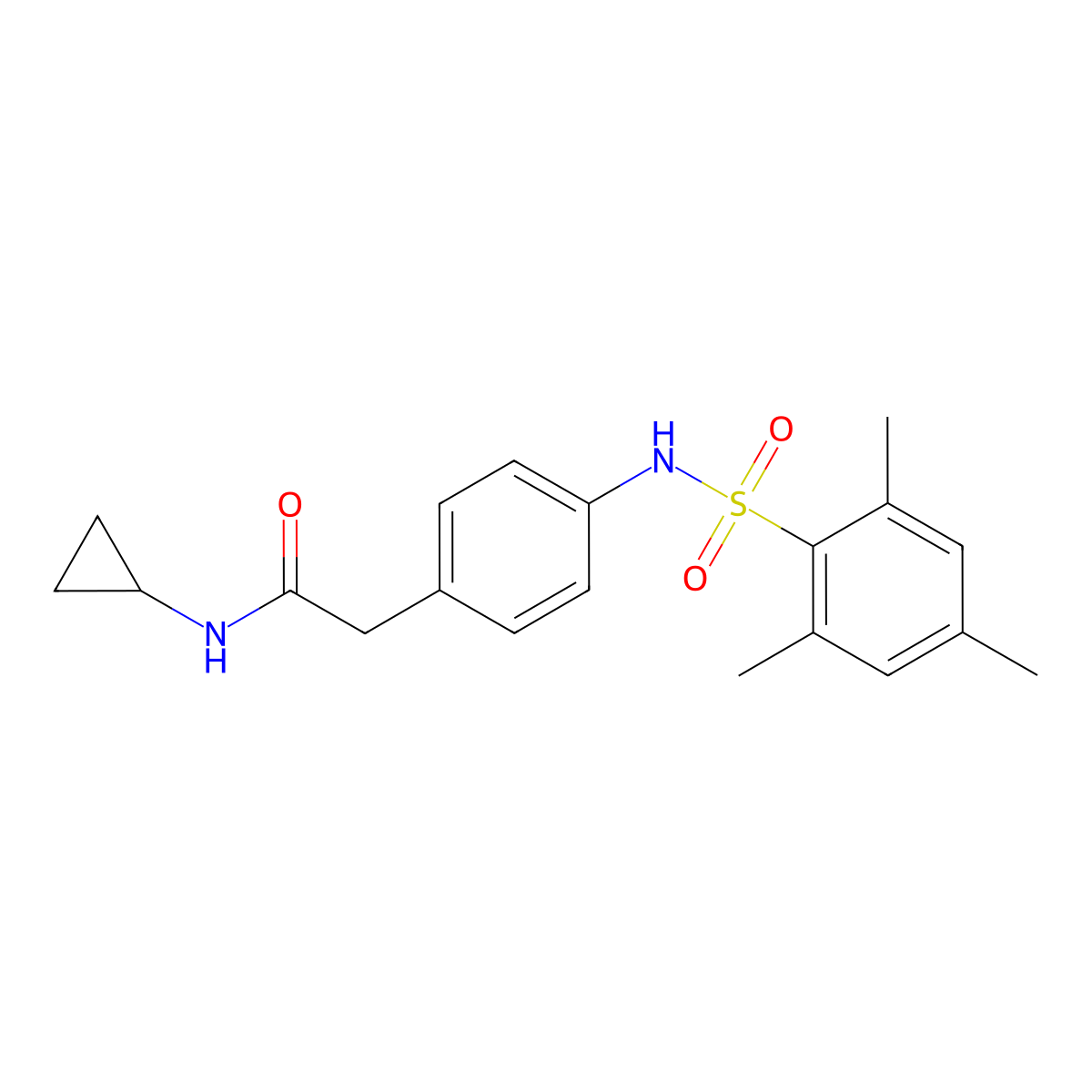 N-cyclopropyl-2-[4-(2,4,6-trimethylbenzenesulfonamido)phenyl]acetamide molecular structure, CAS 1060225-30-0