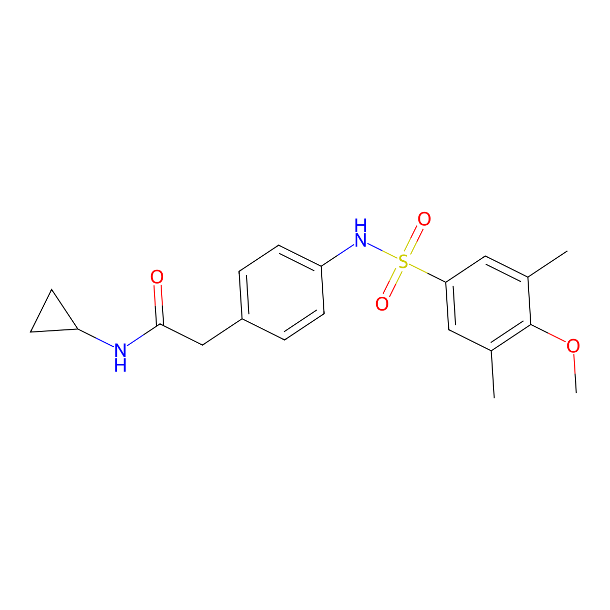 N-cyclopropyl-2-[4-(4-methoxy-3,5-dimethylbenzenesulfonamido)phenyl]acetamide molecular structure, CAS 1060225-99-1