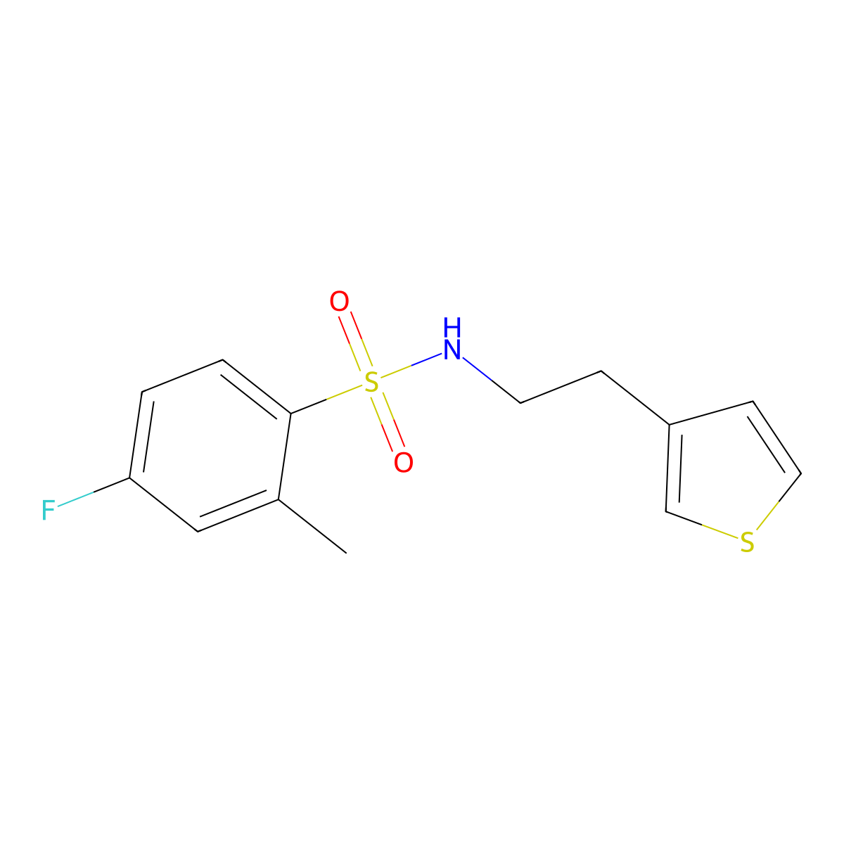 4-fluoro-2-methyl-N-(2-(thiophen-3-yl)ethyl)benzenesulfonamide molecular structure, CAS 1060261-76-8