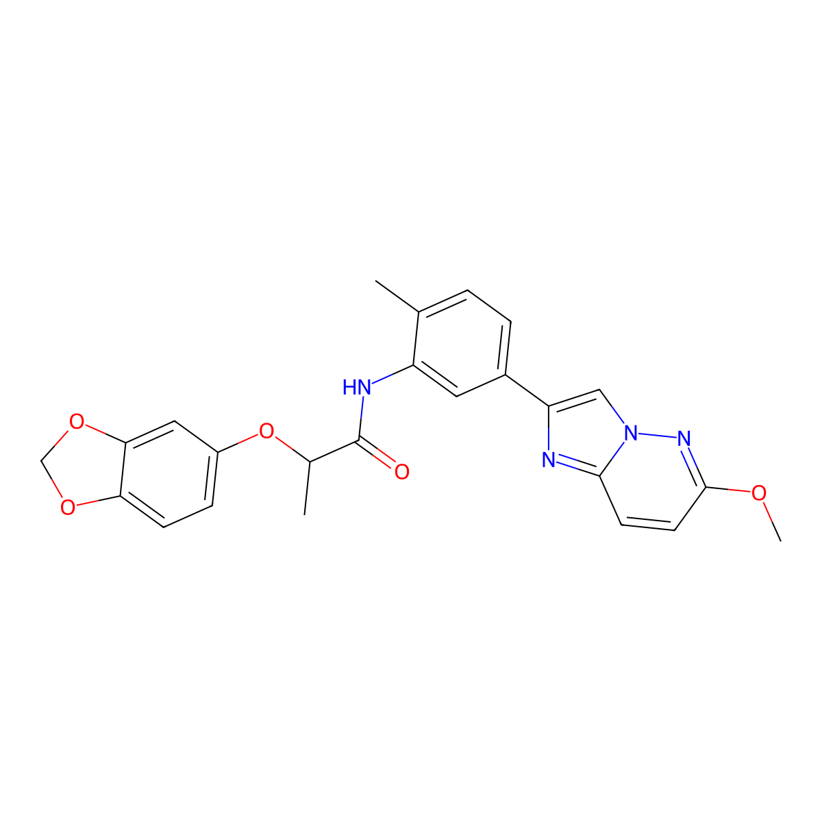 2-(benzo[d][1,3]dioxol-5-yloxy)-N-(5-(6-methoxyimidazo[1,2-b]pyridazin-2-yl)-2-methylphenyl)propanamide molecular structure, CAS 1060311-89-8