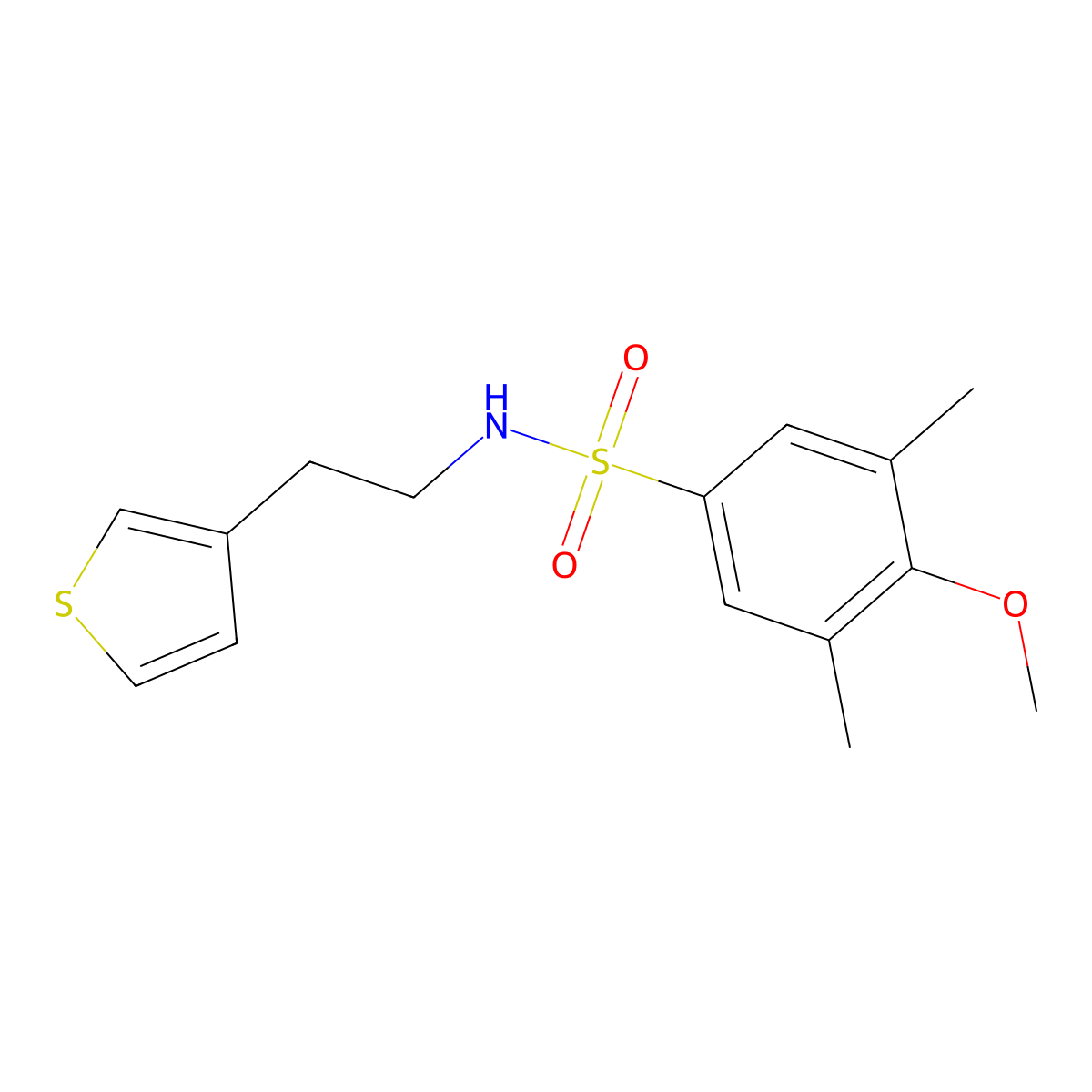 4-methoxy-3,5-dimethyl-N-(2-(thiophen-3-yl)ethyl)benzenesulfonamide molecular structure, CAS 1060330-28-0