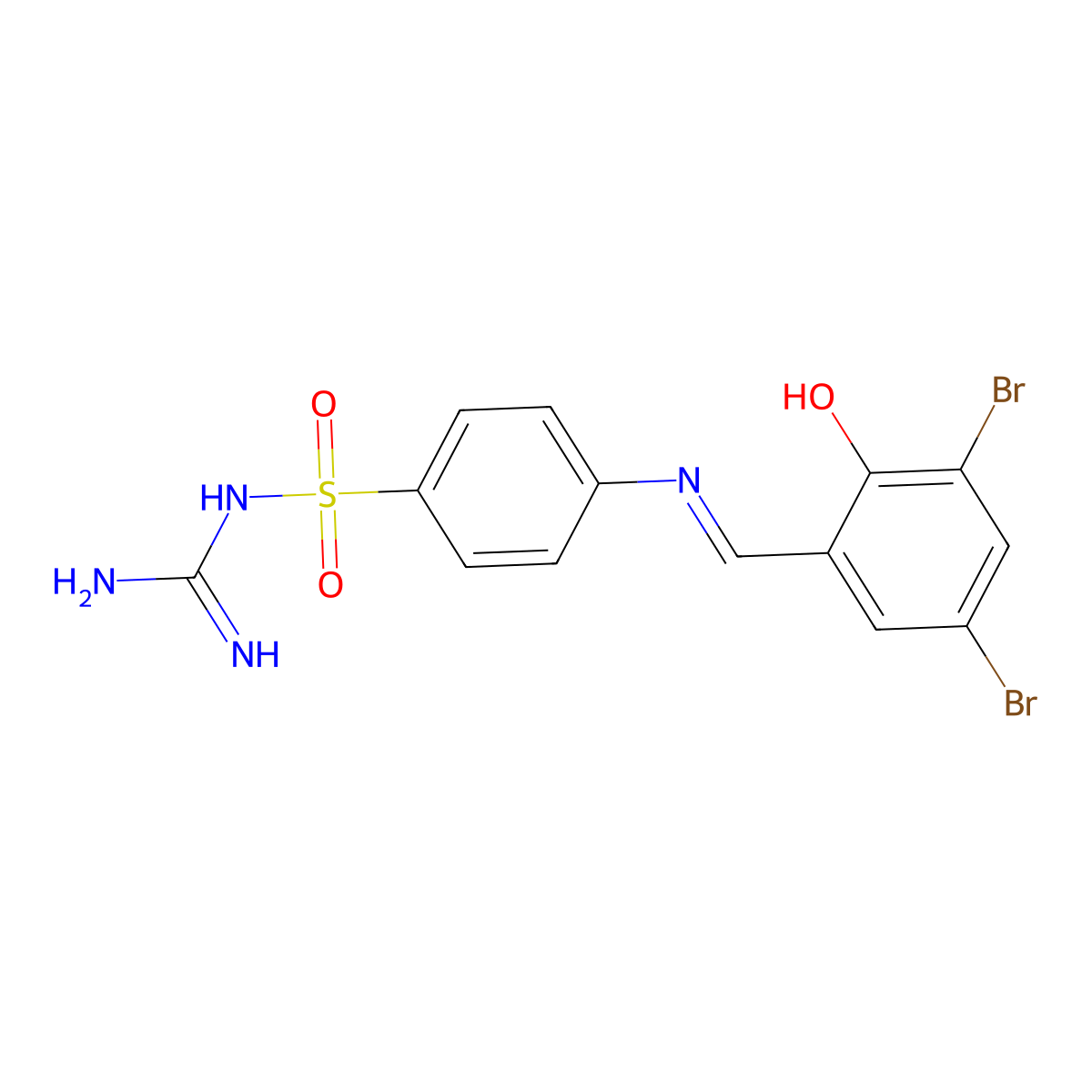({4-[(1E)-2-(3,5-dibromo-2-hydroxyphenyl)-1-azavinyl]phenyl}sulfonyl)aminocarb oxamidine molecular structure, CAS 106037-62-1