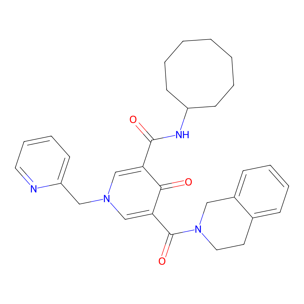N-cyclooctyl-5-(3,4-dihydro-1H-isoquinoline-2-carbonyl)-4-oxo-1-(pyridin-2-ylmethyl)pyridine-3-carboxamide molecular structure, CAS 1060518-03-7