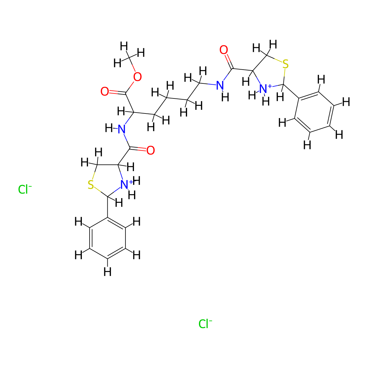 L-Lysine, N(sup 2),N(sup 6)-bis((2-phenyl-4-thiazolidinyl)carbonyl)-, methyl ester, dihydrochloride molecular structure, CAS 106086-24-2