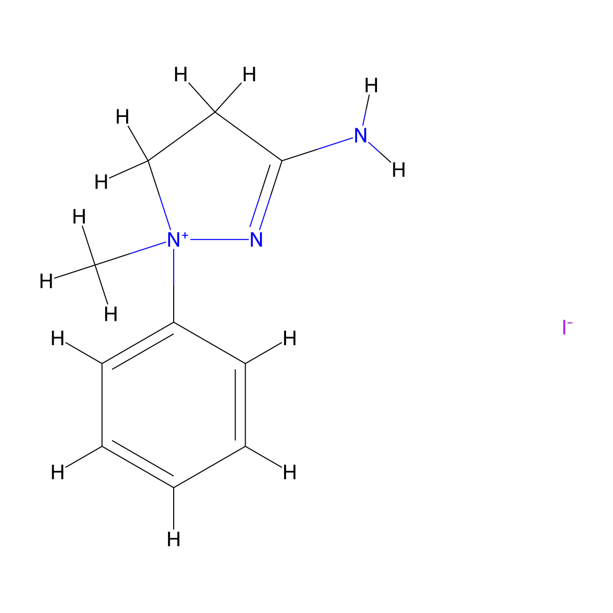 3-Amino-1-methyl-1-phenyl-4,5-dihydro-1H-pyrazol-1-ium, iodide molecular structure, CAS 106087-08-5
