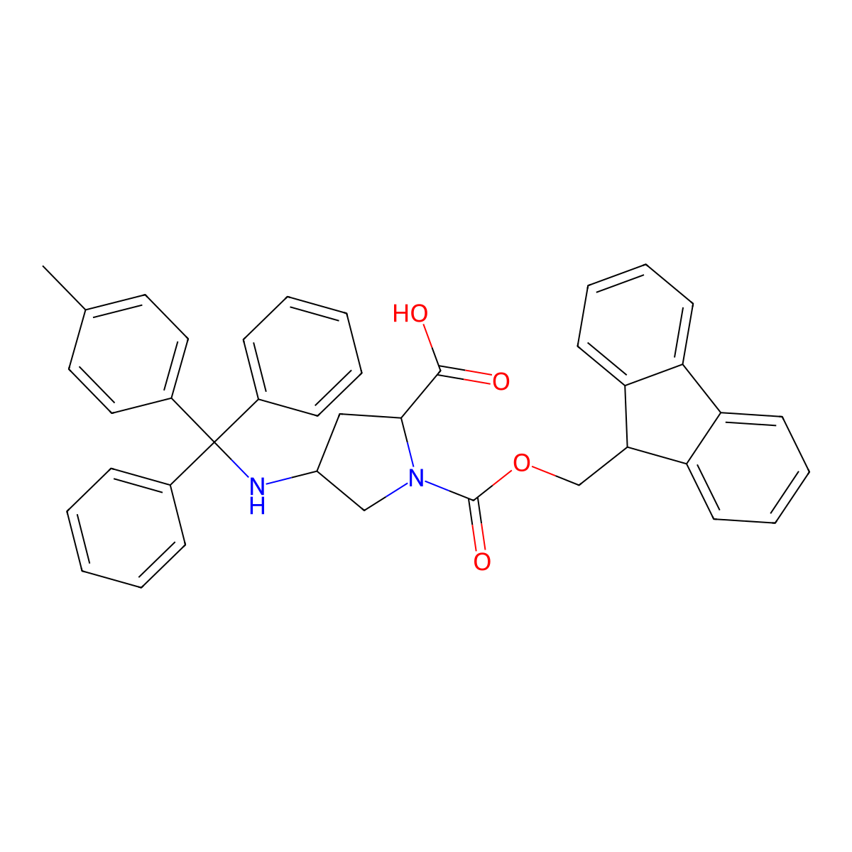 (2S,4R)-1-(9H-fluoren-9-ylmethoxycarbonyl)-4-[[(4-methylphenyl)-diphenylmethyl]amino]pyrrolidine-2-carboxylic acid molecular structure, CAS 1061737-21-0