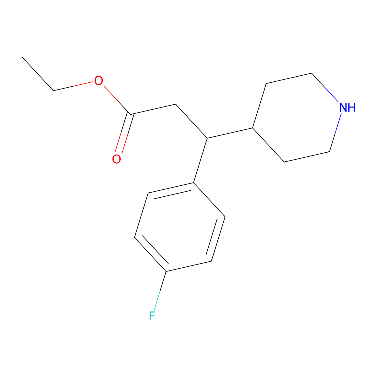 Ethyl 3-(4-fluorophenyl)-3-(piperidin-4-yl)propanoate molecular structure, CAS 1061989-10-3