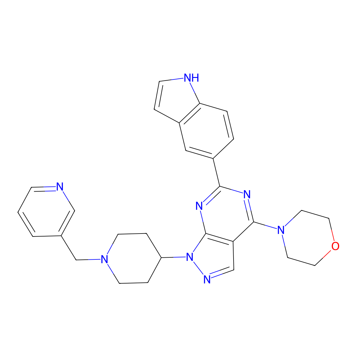 4-(6-(1H-Indol-5-yl)-1-(1-(pyridin-3-ylmethyl)piperidin-4-yl)-1H-pyrazolo[3,4-d]pyrimidin-4-yl)morpholine molecular structure, CAS 1062159-35-6