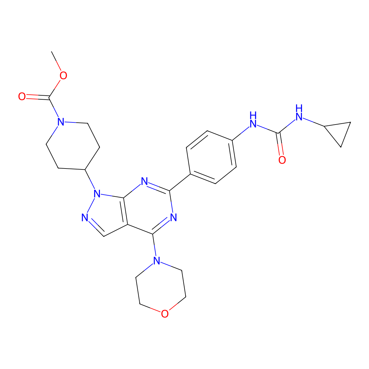 Methyl 4-[6-[4-(cyclopropylcarbamoylamino)phenyl]-4-morpholin-4-ylpyrazolo[3,4-d]pyrimidin-1-yl]piperidine-1-carboxylate molecular structure, CAS 1062169-46-3