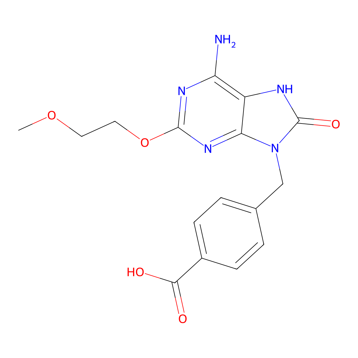 4-((6-Amino-2-(2-methoxyethoxy)-8-oxo-7,8-dihydro-9H-purin-9-yl)methyl)benzoic acid molecular structure, CAS 1062444-54-5