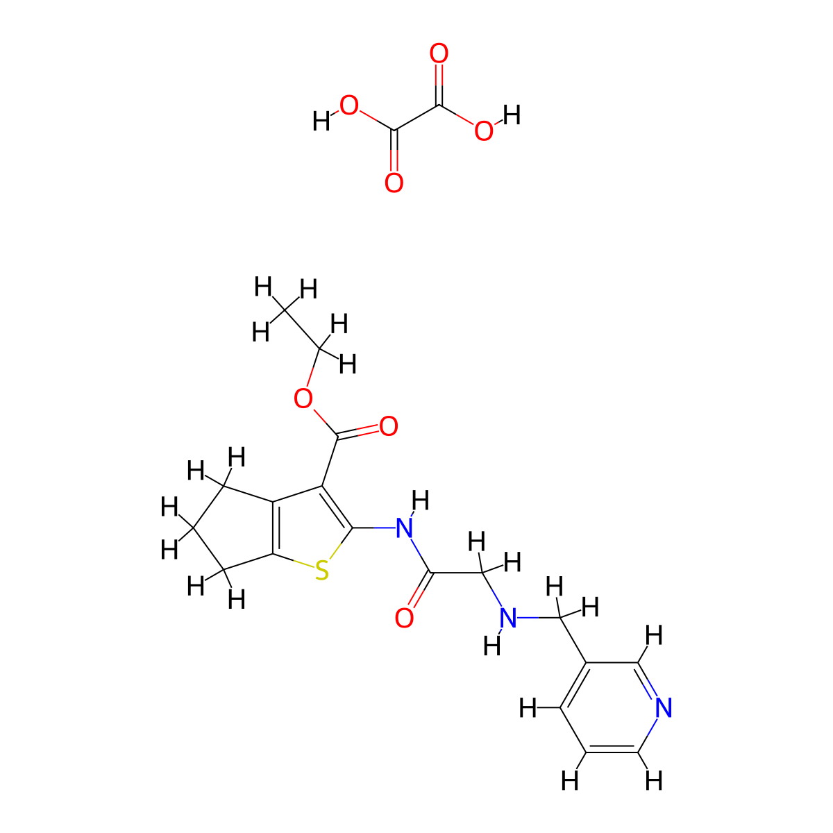 ethyl 2-(2-((pyridin-3-ylmethyl)amino)acetamido)-5,6-dihydro-4H-cyclopenta[b]thiophene-3-carboxylate oxalate molecular structure, CAS 1062589-05-2