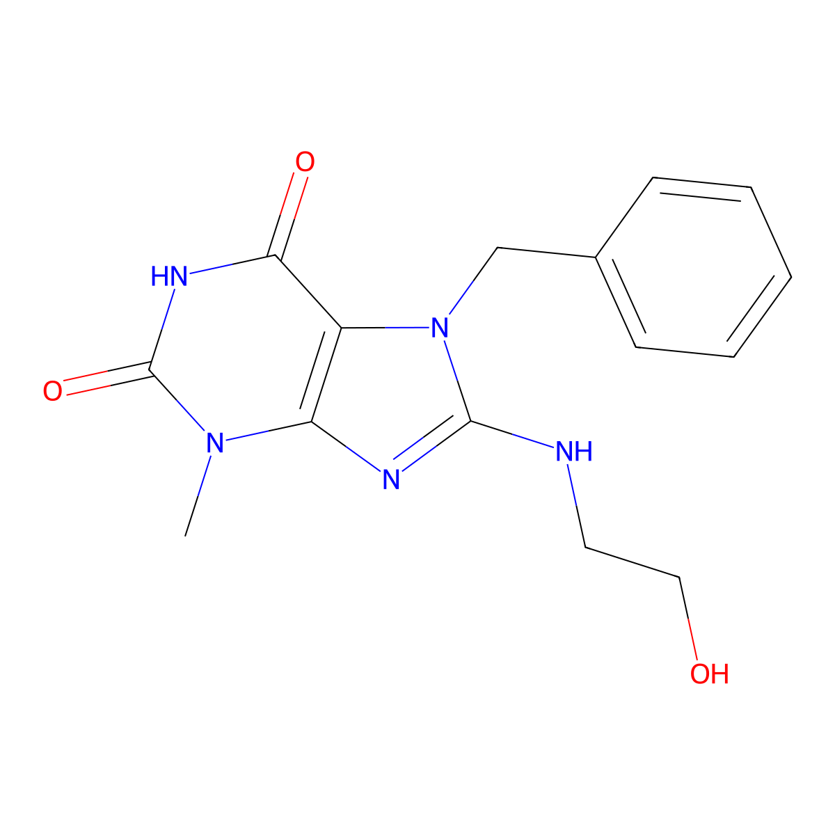 7-Benzyl-8-(2-hydroxyethylamino)-3-methylpurine-2,6-dione molecular structure, CAS 106306-89-2