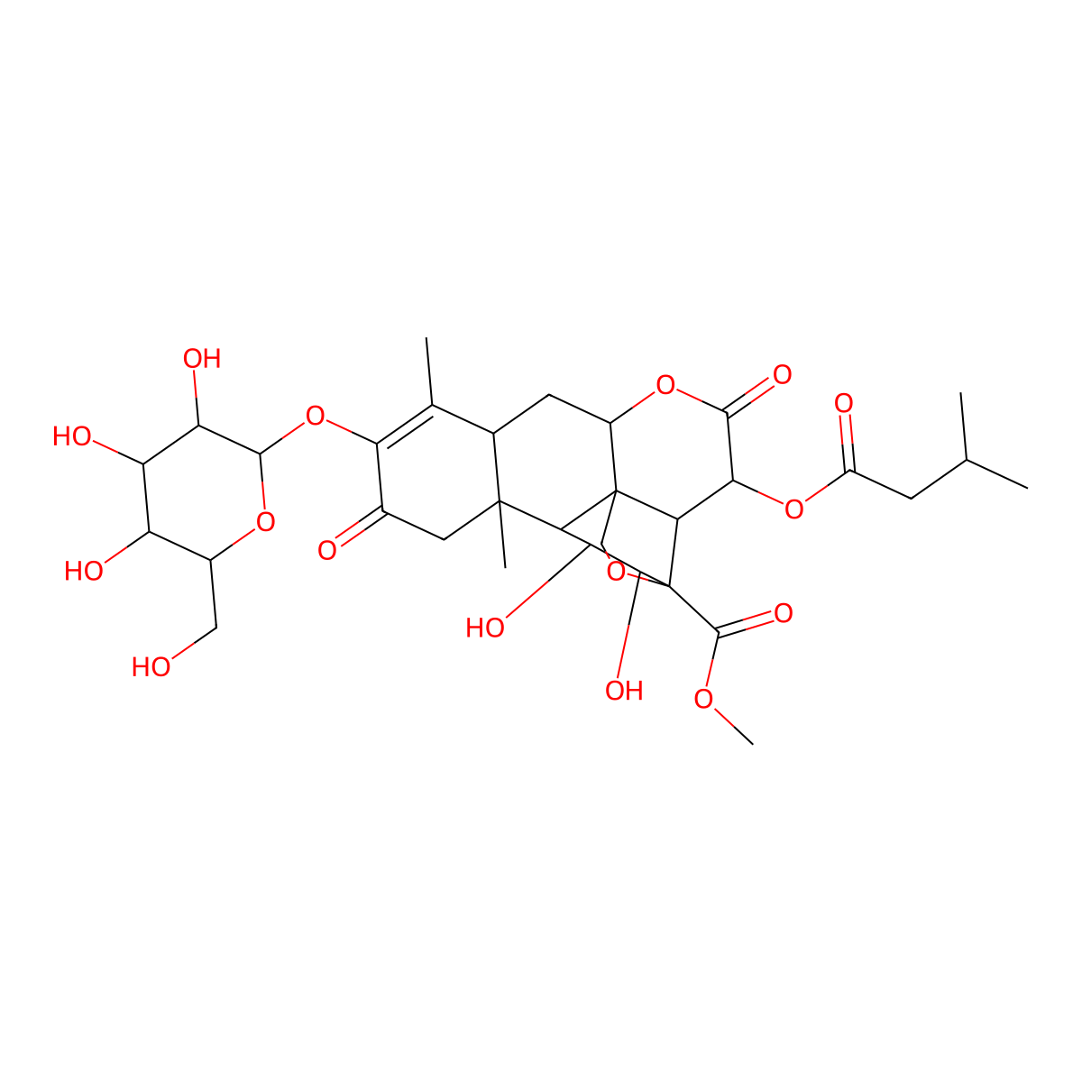 Methyl (1R,2S,3S,3aS,3a1R,4R,6aR,7aR,11aS,11bR)-1,2-dihydroxy-8,11a-dimethyl-4-((3-methylbutanoyl)oxy)-5,10-dioxo-9-(((2S,3R,4S,5S,6R)-3,4,5-trihydroxy-6-(hydroxymethyl)tetrahydro-2H-pyran-2-yl)oxy)-1,4,5,6a,7,7a,10,11,11a,11b-decahydro-2H-3,3a1-(epoxymethano)dibenzo[de,g]chromene-3(3aH)-carboxylate molecular structure, CAS 106387-01-3