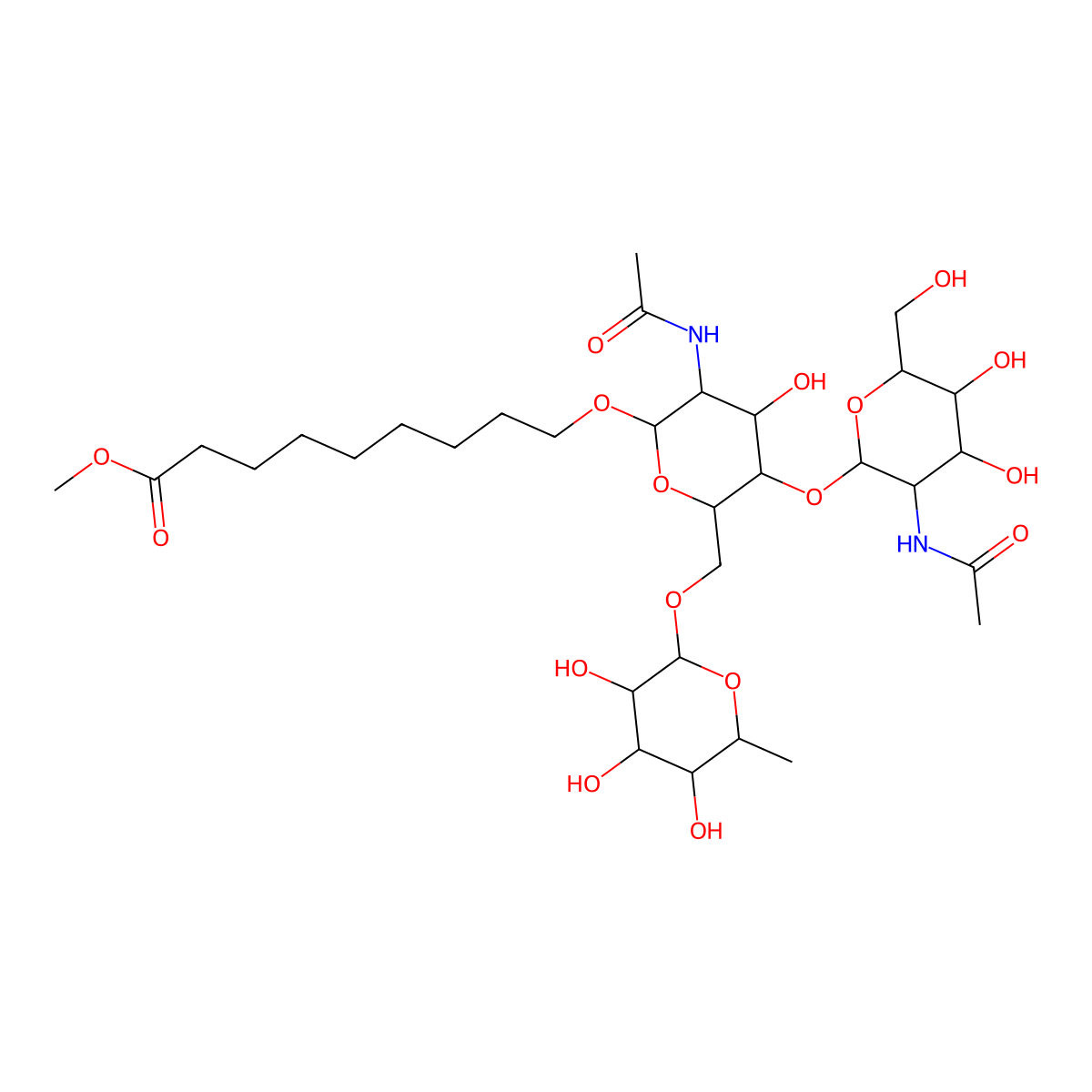 8-Methoxycarbonyloctyl2-acetamido-4-O-(2-acetamido-2-deoxy-b-D-glucopyranosyl)-2-deoxy-6-O-(a-L-fucopyranosyl)-b-D-glucopyranoside molecular structure, CAS 106445-35-6