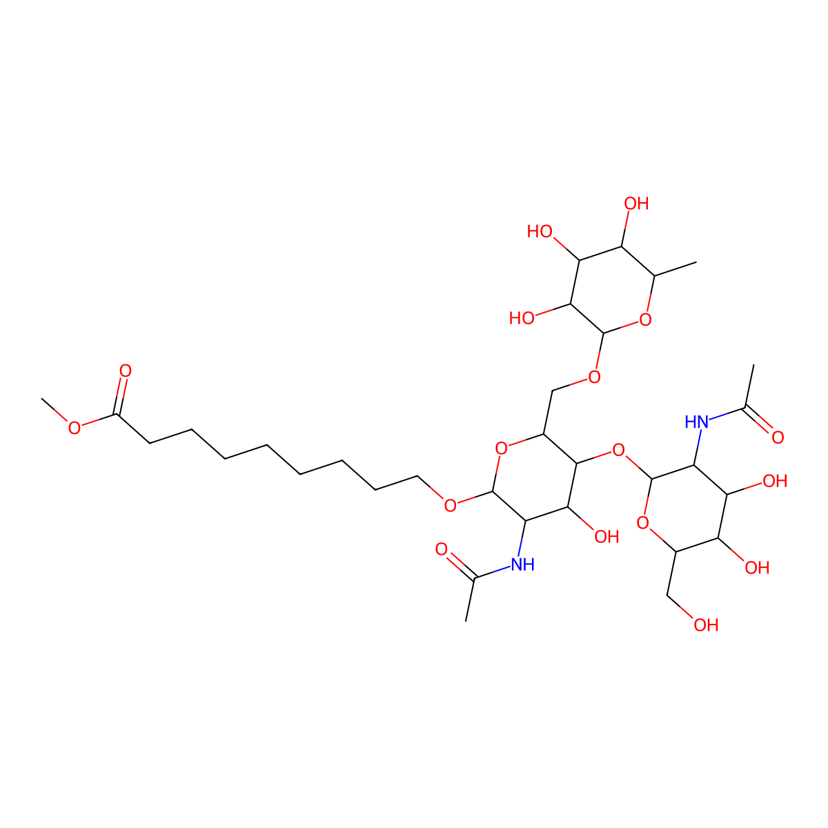 8-Methoxycarbonyloctyl2-acetamido-4-O-(2-acetamido-2-deoxy-b-D-glucopyranosyl)-2-deoxy-6-O-(a-L-fucopyranosyl)-b-D-glucopyranoside molecular structure, CAS 106445-35-6