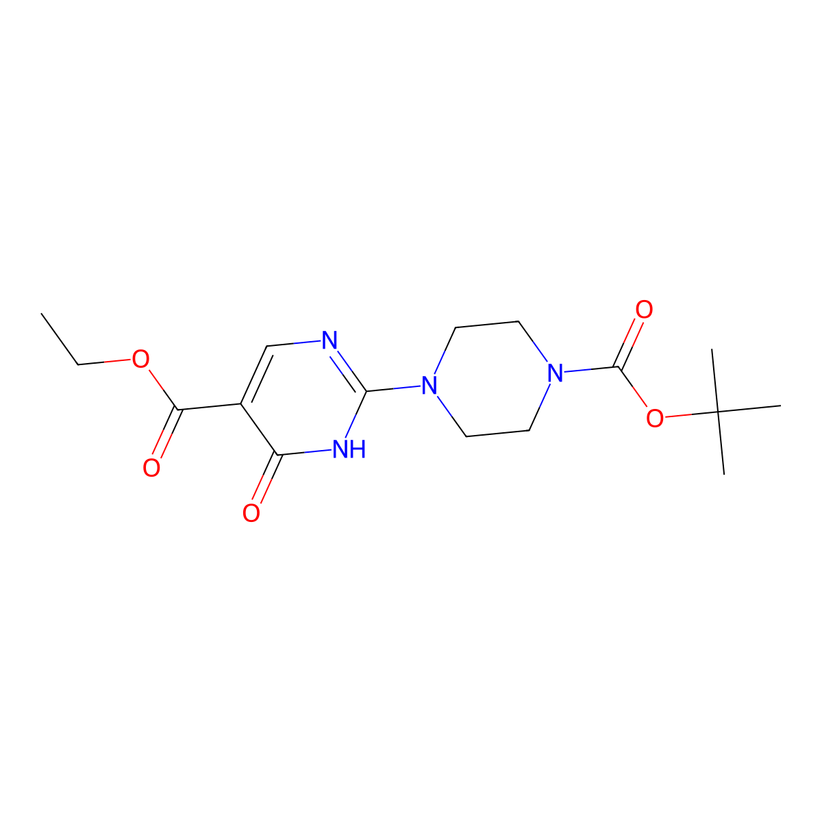 Ethyl 2-(4-(t-BOC)piperazin-1-yl)-4-hydroxypyrimidine-5-carboxylate molecular structure, CAS 1065074-31-8