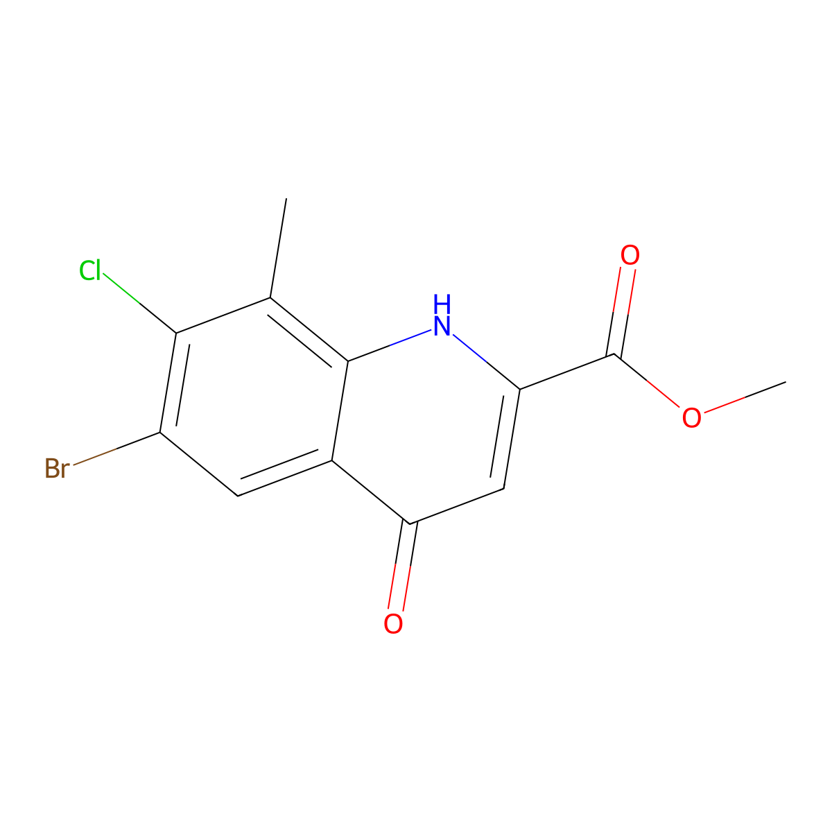 Methyl 6-bromo-7-chloro-4-hydroxy-8-methylquinoline-2-carboxylate molecular structure, CAS 1065074-46-5
