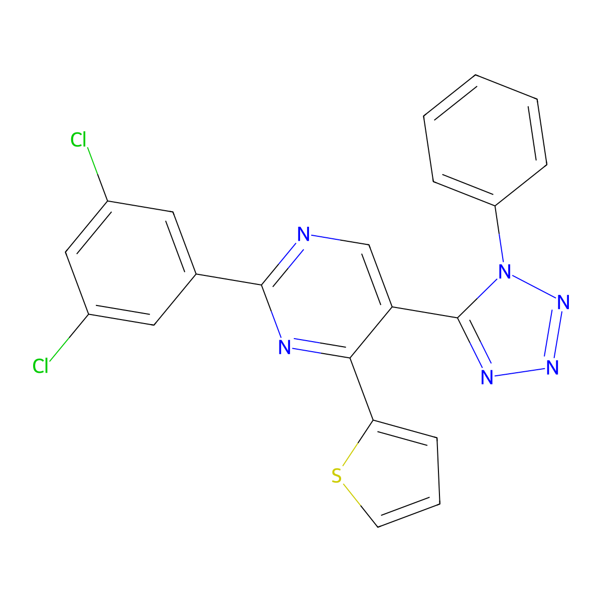 2-(3,5-dichlorophenyl)-5-(1-phenyl-1H-tetraazol-5-yl)-4-(2-thienyl)pyrimidine molecular structure, CAS 1065126-40-0