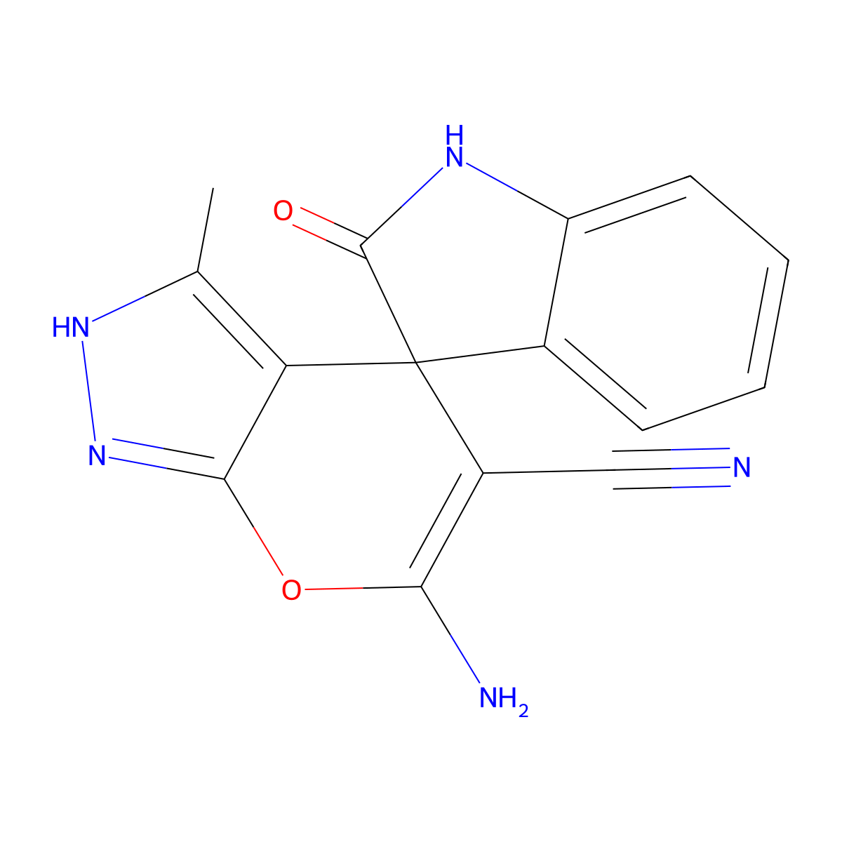 6'-amino-3'-methyl-2-oxo-1,2-dihydro-1'H-spiro[indole-3,4'-pyrano[2,3-c]pyrazole]-5'-carbonitrile molecular structure, CAS 106536-38-3