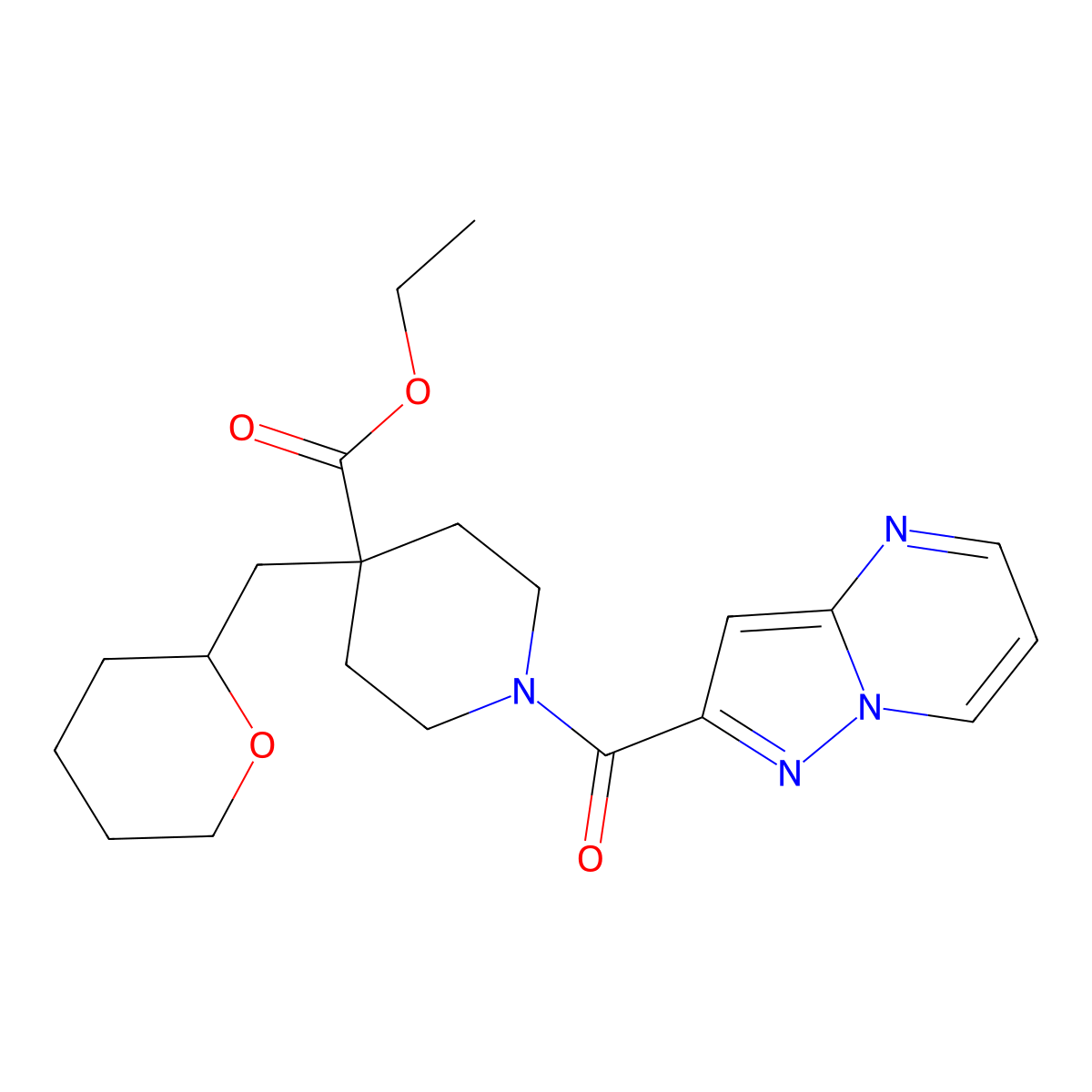 Ethyl 1-(pyrazolo[1,5-a]pyrimidin-2-ylcarbonyl)-4-(tetrahydro-2H-pyran-2-ylmethyl)-4-piperidinecarboxylate molecular structure, CAS 1065552-18-2