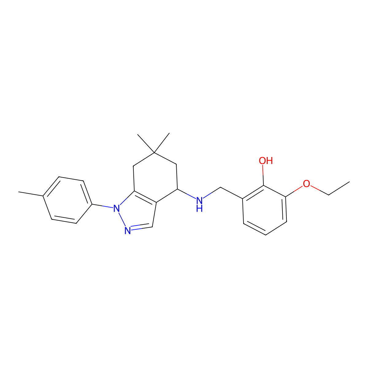2-({[6,6-dimethyl-1-(4-methylphenyl)-4,5,6,7-tetrahydro-1H-indazol-4-yl]amino}methyl)-6-ethoxyphenol molecular structure, CAS 1065560-90-8
