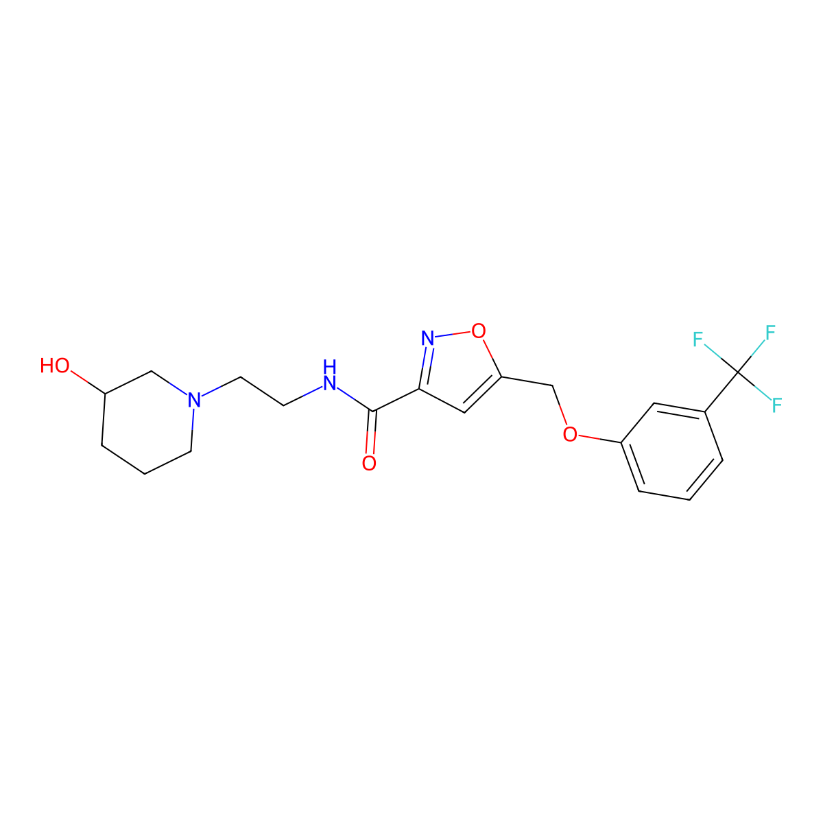N-(2-(3-Hydroxypiperidin-1-yl)ethyl)-5-((3-(trifluoromethyl)phenoxy)methyl)isoxazole-3-carboxamide molecular structure, CAS 1065567-62-5