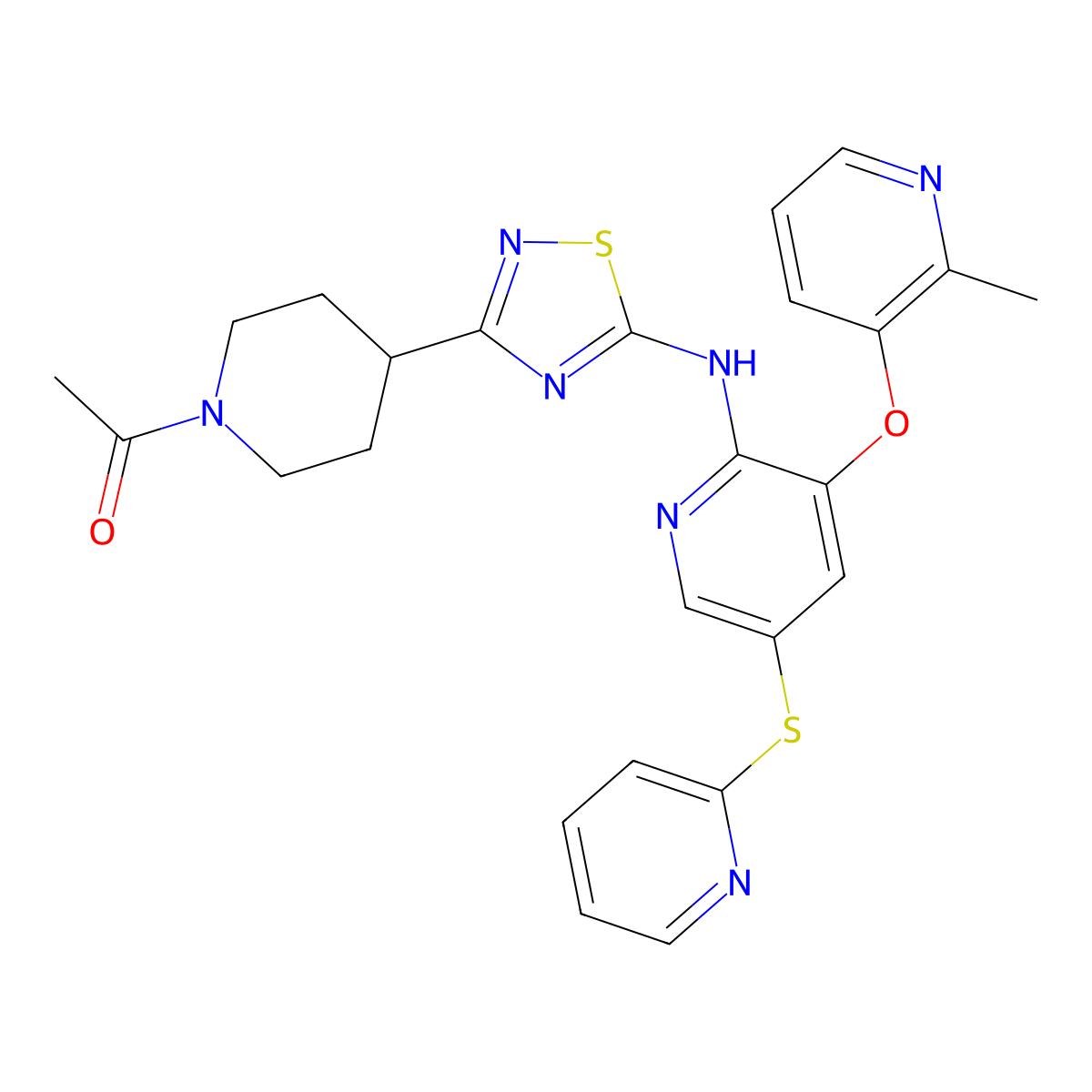 1-(4-(5-(3-(2-Methylpyridin-3-yloxy)-5-(pyridin-2-ylthio)pyridin-2-ylamino)-1,2,4-thiadiazol-3-yl)piperidin-1-yl)ethanone molecular structure, CAS 1065609-00-8