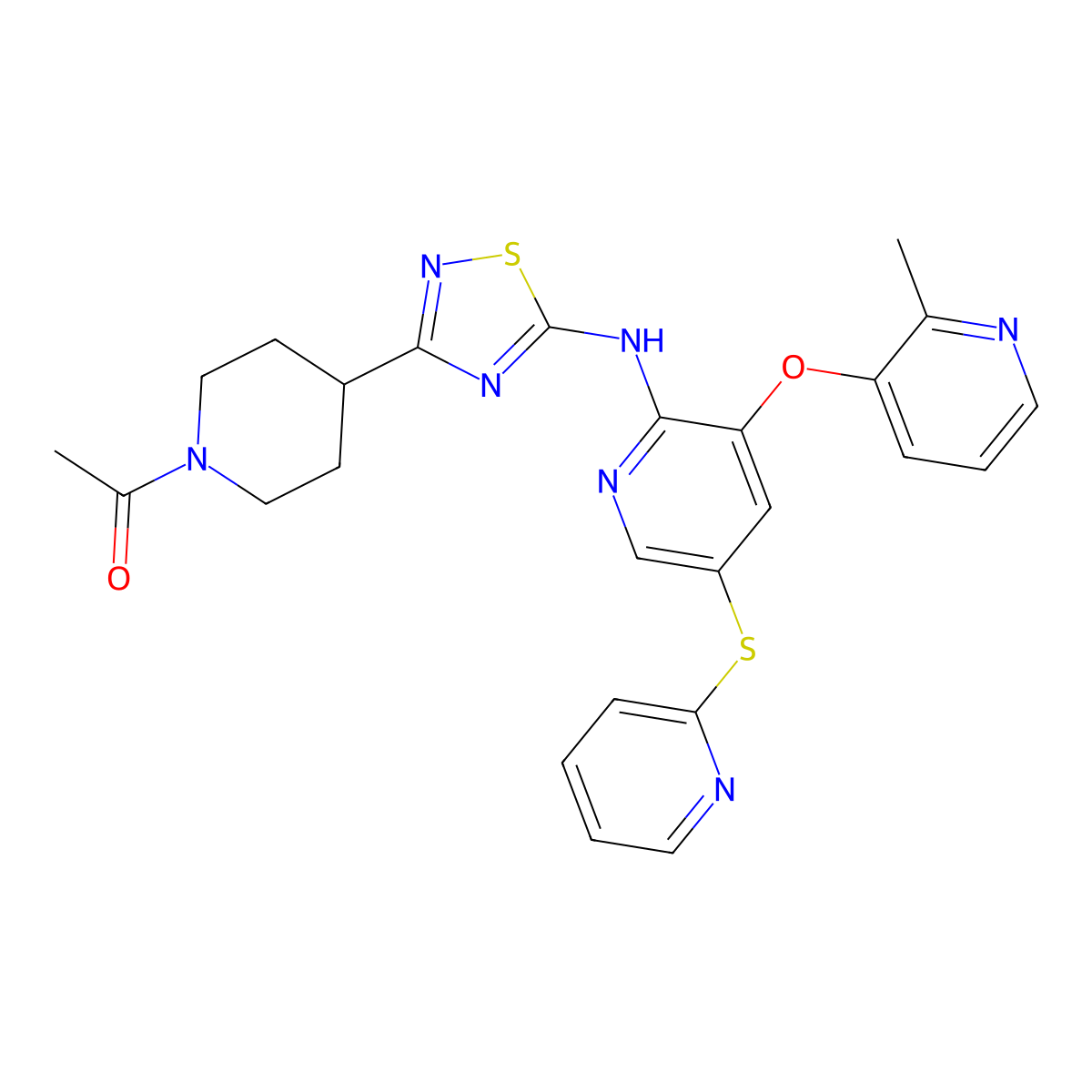 1-(4-(5-(3-(2-Methylpyridin-3-yloxy)-5-(pyridin-2-ylthio)pyridin-2-ylamino)-1,2,4-thiadiazol-3-yl)piperidin-1-yl)ethanone molecular structure, CAS 1065609-00-8