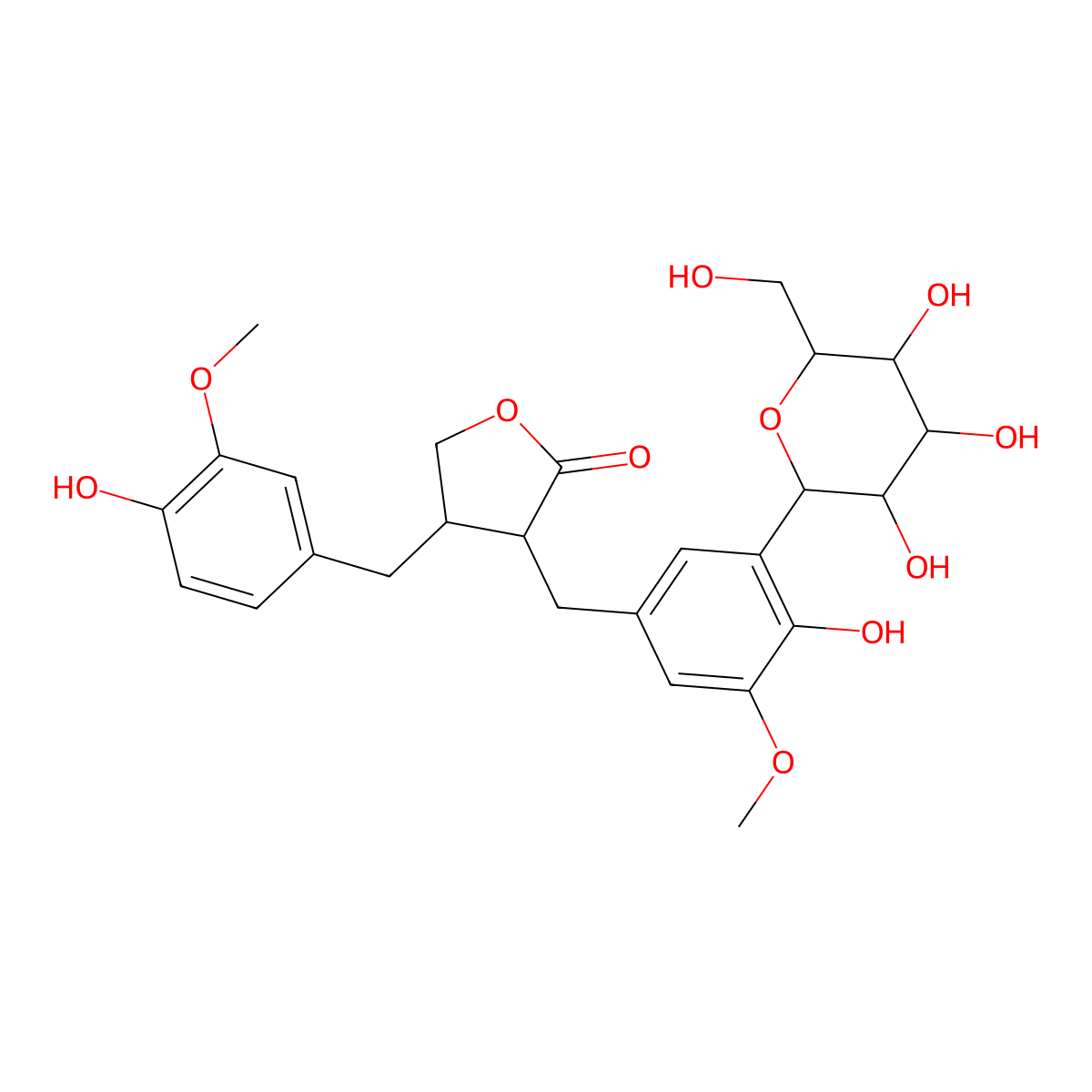4-[(4-Hydroxy-3-methoxy-phenyl)methyl]-3-[[4-hydroxy-3-methoxy-5-[3,4,5-trihydroxy-6-(hydroxymethyl)tetrahydropyran-2-yl]phenyl]methyl]tetrahydrofuran-2-one molecular structure, CAS 106647-12-5