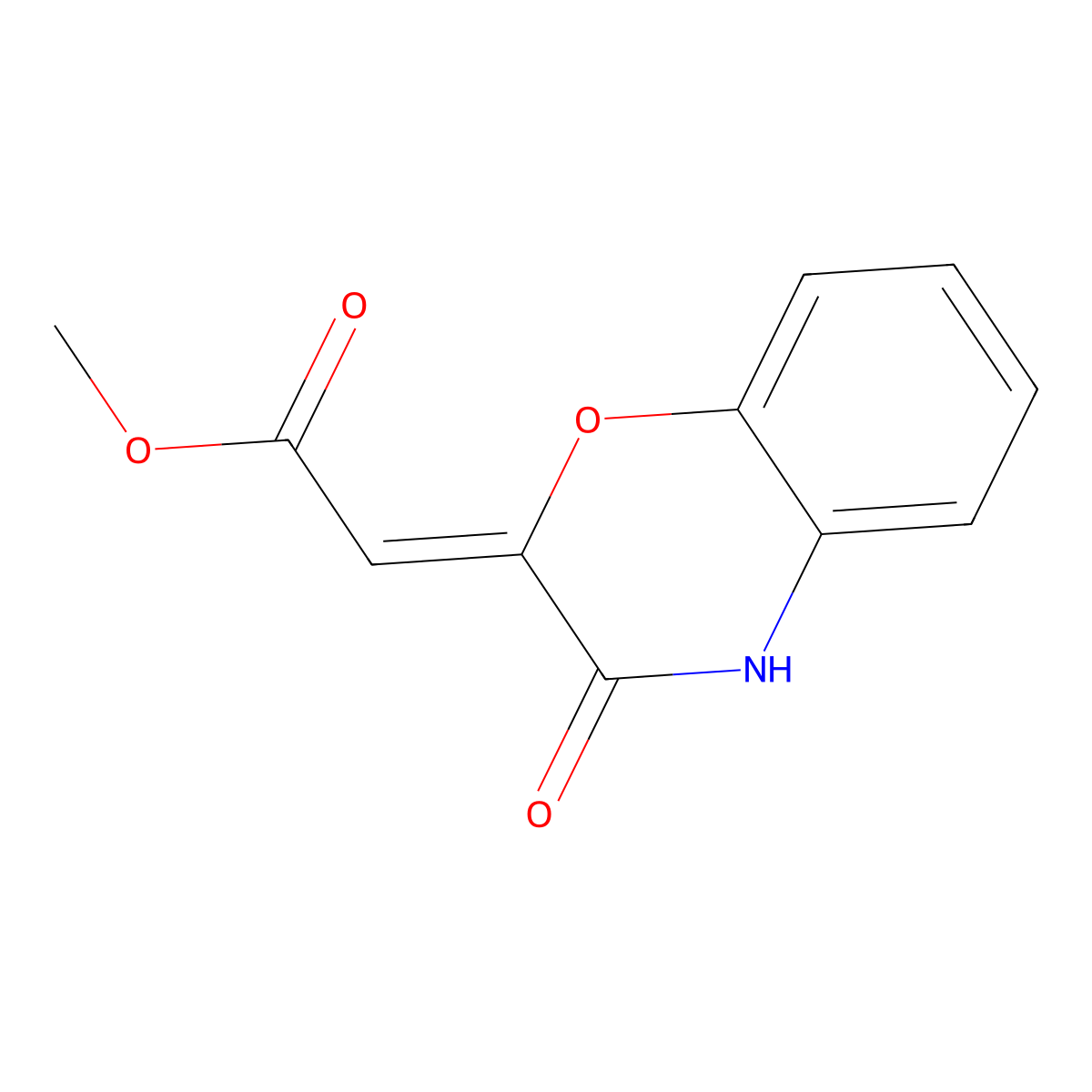 Acetic acid, (3,4-dihydro-3-oxo-2H-1,4-benzoxazin-2-ylidene)-, methyl ester, (E)- molecular structure, CAS 106660-13-3