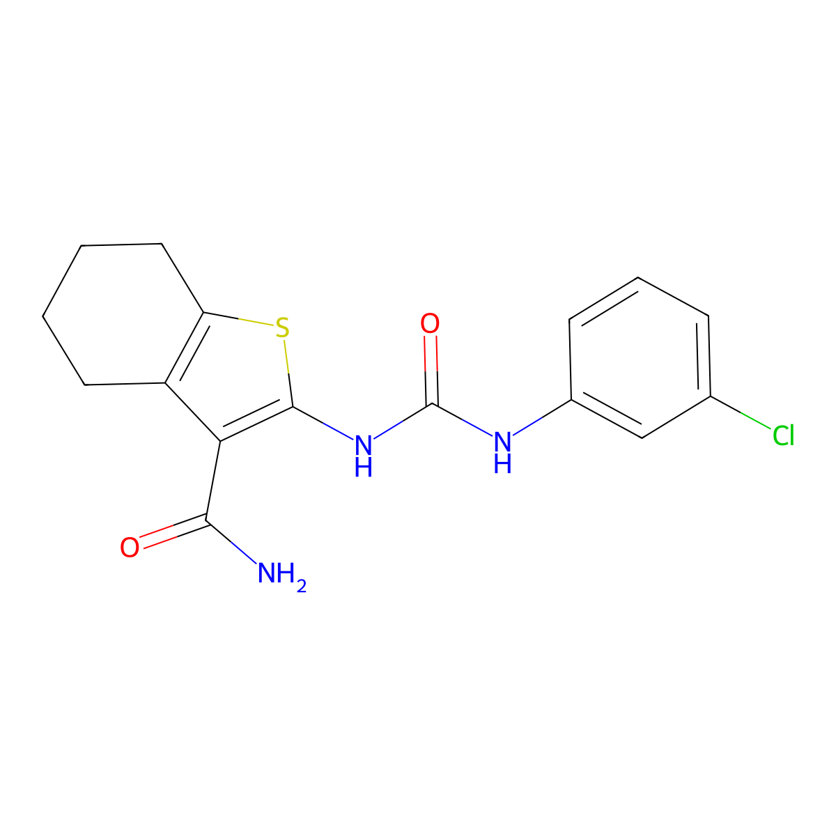 2-(3-(3-Chlorophenyl)ureido)-4,5,6,7-tetrahydrobenzo[b]thiophene-3-carboxamide molecular structure, CAS 106666-76-6