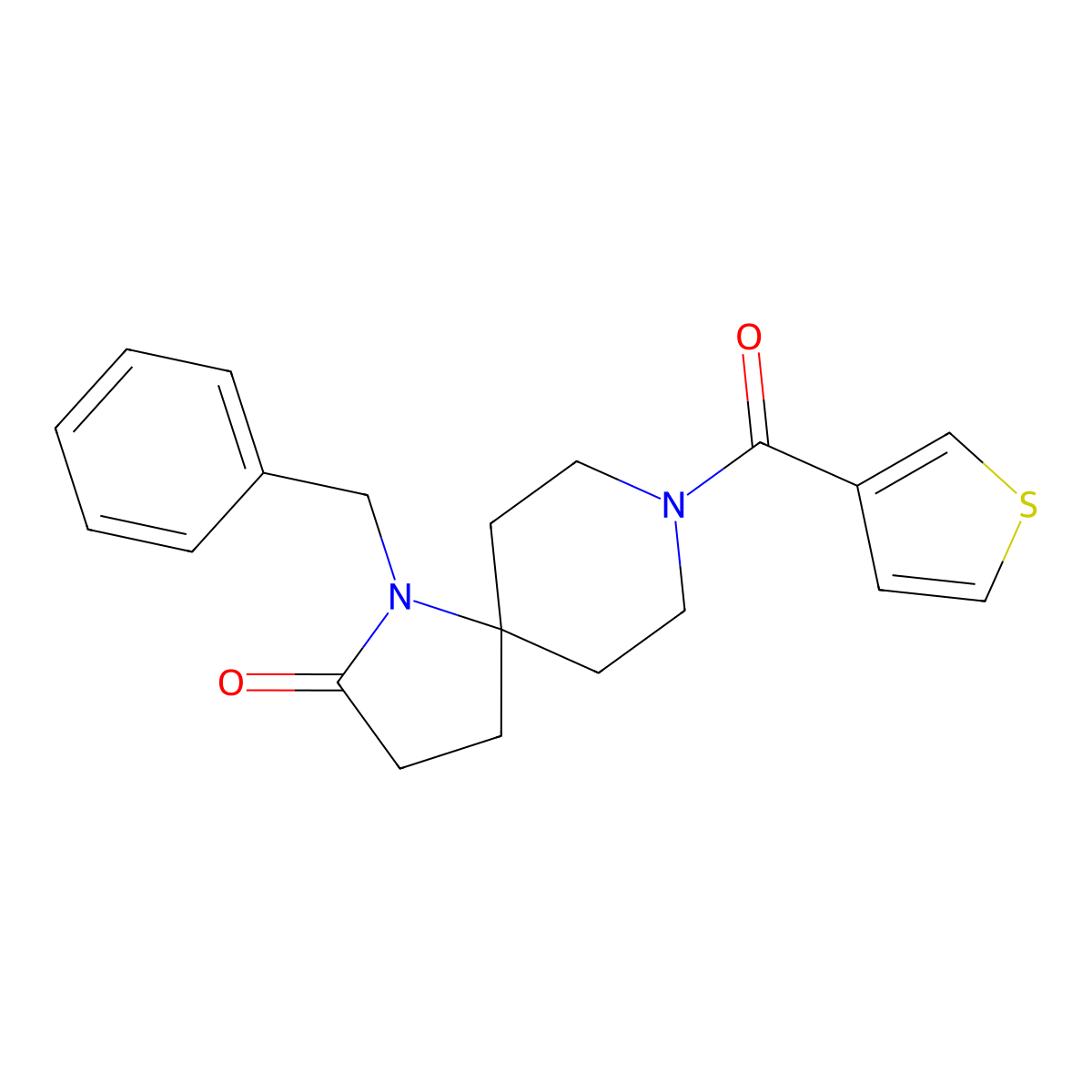 1-Benzyl-8-(thiophene-3-carbonyl)-1,8-diazaspiro[4.5]decan-2-one molecular structure, CAS 1067002-63-4