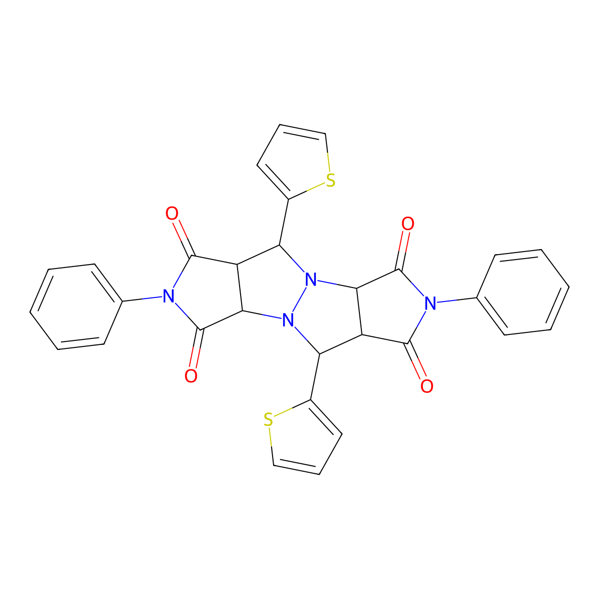 2,7-diphenyl-5,10-di(2-thienyl)tetrahydropyrrolo[3,4-c]pyrrolo[3',4':4,5]pyrazolo[1,2-a]pyrazole-1,3,6,8(2H,3aH,5H,7H)-tetrone molecular structure, CAS 106718-28-9