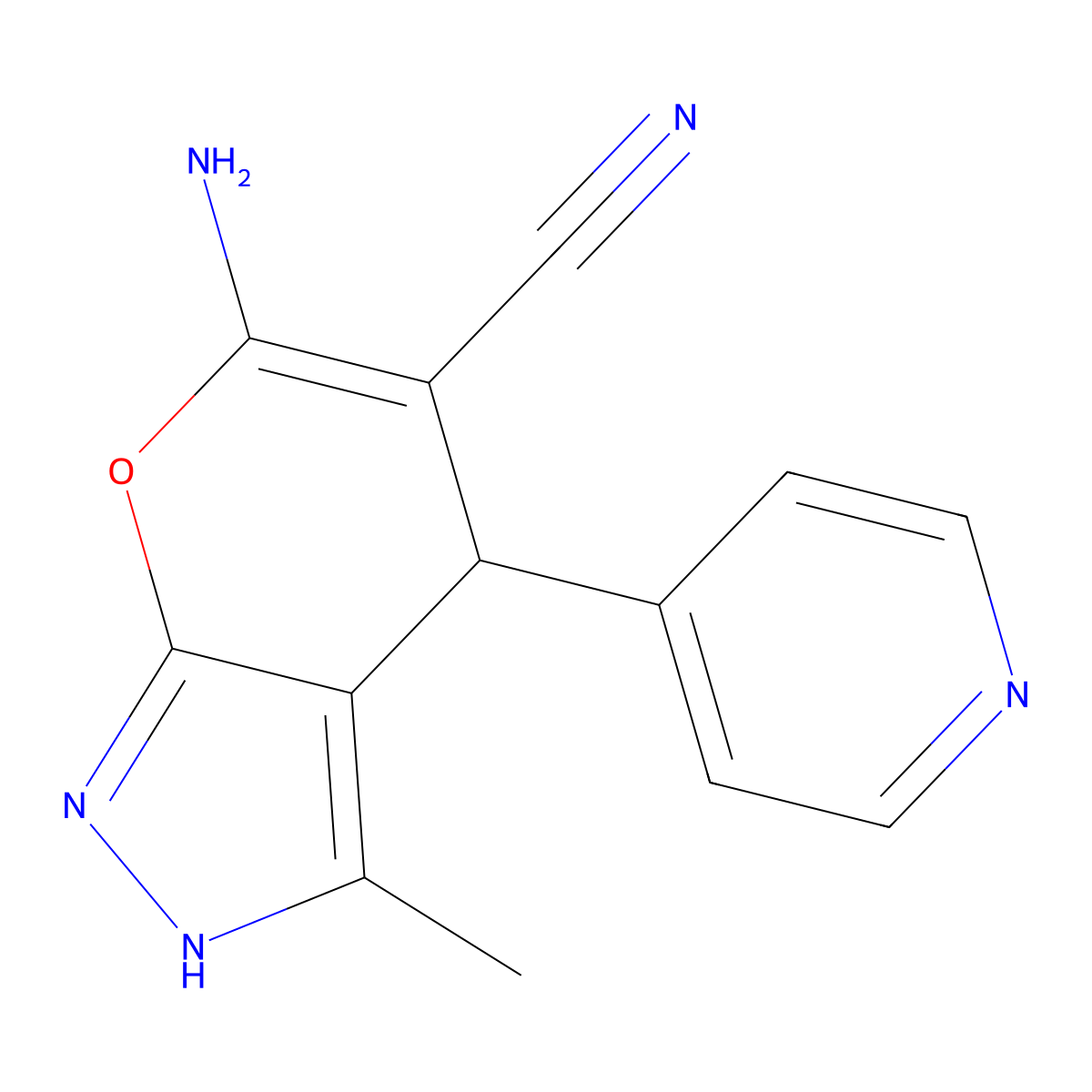 6-Amino-3-methyl-4-(4-pyridinyl)-1,4-dihydropyrano[2,3-c]pyrazole-5-carbonitrile molecular structure, CAS 106753-78-0